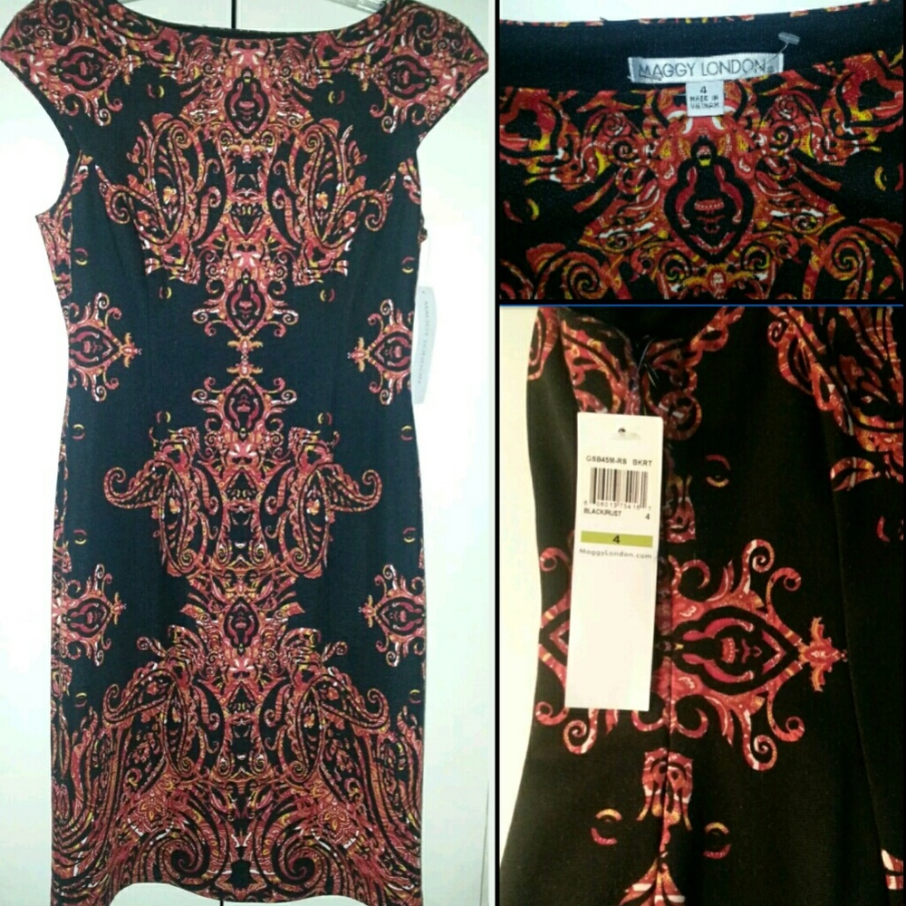NWT MAGGY LONDON Stretch Knit FALL PRINT Midi Sheath BOHO Career Homecoming 4